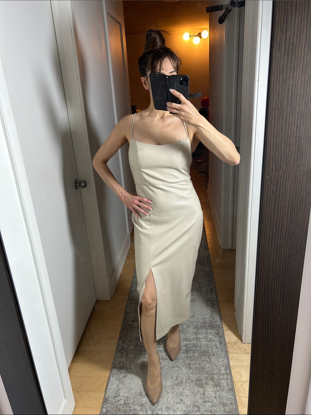Dynamite Cream Faux Leather Midi Dress Slit Adjustable Straps